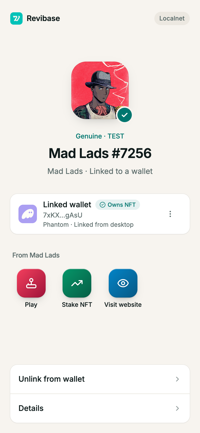 Tap page showing Mad Lads #7256, linked wallet, ownership badge, and project shortcuts